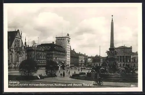 AK Leipzig, Augustusplatz mit Mendebrunnen, Hochhaus & Neuem Theater