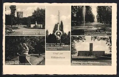 AK Wilhelmshaven, Friesenbrunnen und Wasserturm im Park, Rathaus Rüstringen, Promenade in der Adalbertstrasse