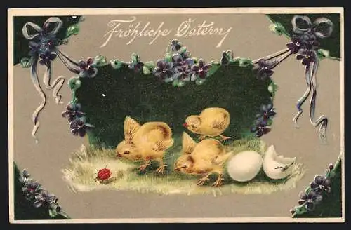 AK Osterküken jagen einen Marienkäfer