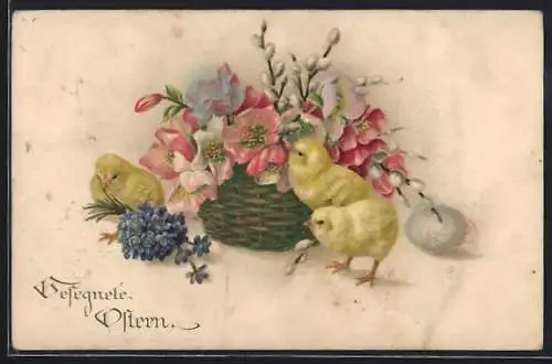 AK Drei Osterküken mit Blumenkörbchen und Ei, Ostergruss