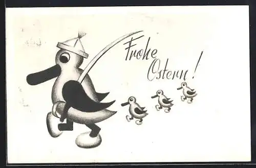 AK Spielzeugente mit drei Küken, Ostergruss