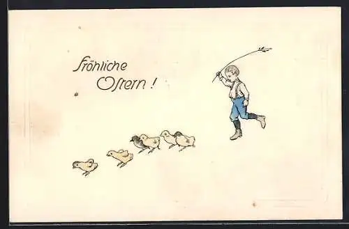 AK Knabe scheucht eine Kükenschar, Ostergruss