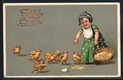 AK Kleines Mädchen beim Füttern von Küken, Ostergruss