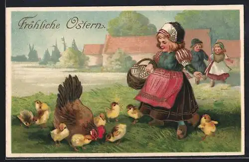 Präge-AK Huhn mit Kükenschar und Mädchen mit Ostereiern, Ostergruss