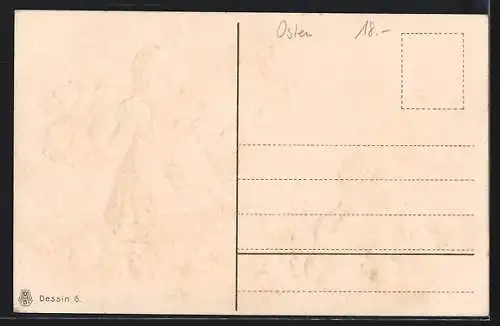 Präge-AK Huhn mit Kükenschar und Mädchen mit Ostereiern, Ostergruss