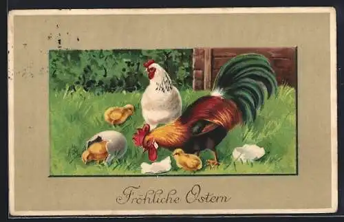 AK Hahn und Henne mit Osterküken