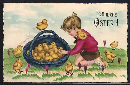 AK Knabe mit einem Korb voller Küken, Krokusse, Ostergruss