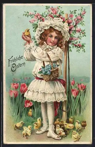 AK Fröhliche Ostern, kleines Mädchen mit Osterküken im Tulpenfeld