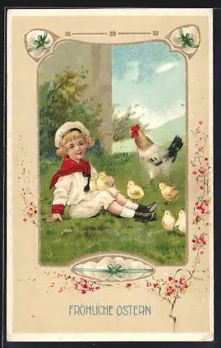 Präge-AK Knabe mit Küken und Huhn, Ostereier, Blumen, Ostergruss