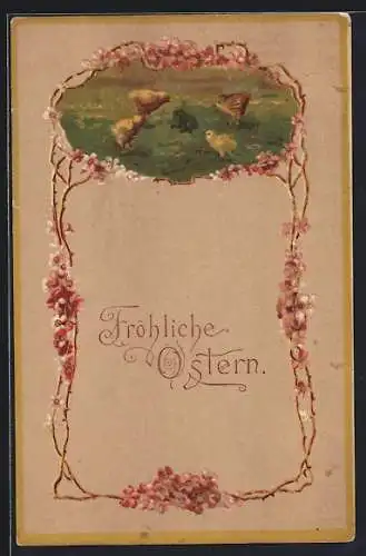 AK Küken mit Frosch auf einer Wiese, Blumen-Ornament, Ostergruss