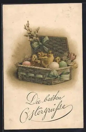 AK Osterküken und Ostereier in einem Köfferchen, Weidenkätzchen, Tulpen, Ostergruss