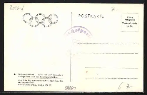 AK Berlin, Reichssportfeld, Blick von der Deutschen Kampfbahn auf das Schwimmstadion