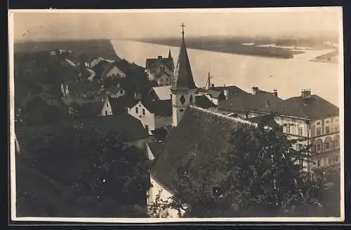 AK Obernberg am Inn, Uferpartie mit Kirche