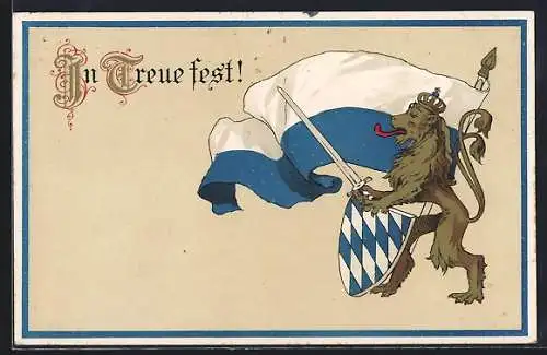 AK In Treu fest!, Bayerischer Löwe mit Wappen und Fahne