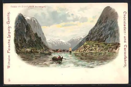 Lithographie Odde, Fernsicht der Ortschaft im Sörfjord, Ruderboot