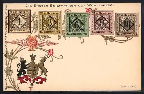 AK die ersten Briefmarken von Württemberg, Wappen