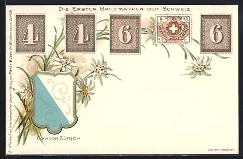 AK Die ersten Briefmarken der Schweiz, Wappen des Cantons Zürich, Edelweiss