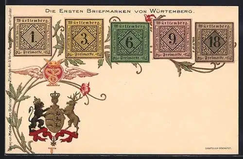 AK die ersten Briefmarken von Württemberg, Wappen