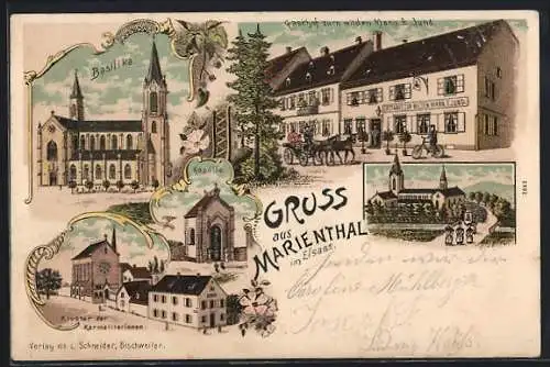 Lithographie Marienthal, l`hôtel Zum wilden Mann, la Cathédrale, le couvent des Carmélites, la chapelle