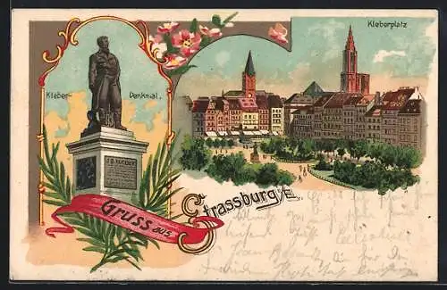 Lithographie Strassburg, Kleberplatz, Kleber-Denkmal