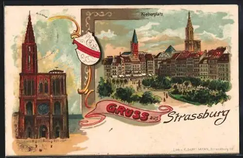 Lithographie Strasbourg / Strassburg, Ansicht vom Münster, Kleberplatz