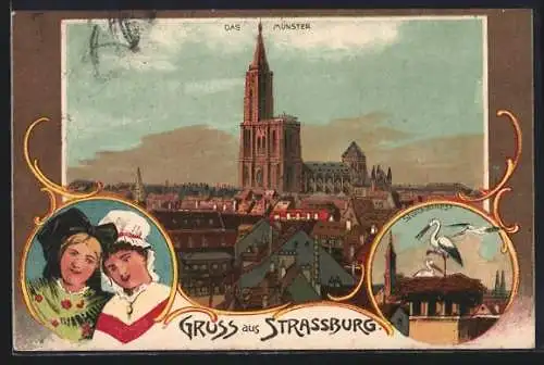 Lithographie Strassburg, Blick zum Münster, Elsässerinnen in Tracht