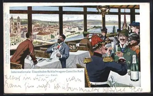 Künstler-AK Zürich, Internationale Eisenbahn-Schlafwagen-Gesellschaft, Blick durch Restaurantfenster auf die Stadt