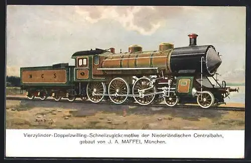 AK Viercylinder-Doppelzwilling-Schnellzuglokomotive der Niederländischen Centralbahn gebaut von J.A. Maffei, München