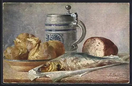 Künstler-AK M.Billing: Stillleben mit Fisch, Brot, Kartoffeln und Bierkrug