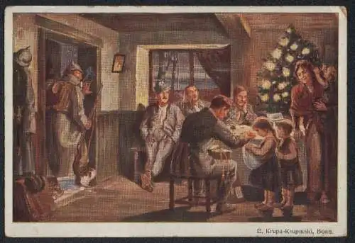 Künstler-AK Soldaten feiern Weihnachten mit der Quartiersfamilie - Weihnachtsgruss