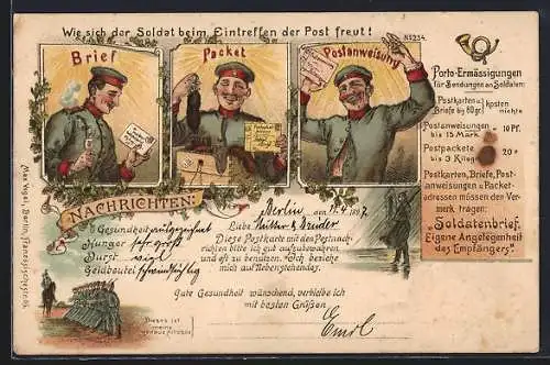 Lithographie Soldat bringt die Feldpost als Brief, Paket und Postanweisung