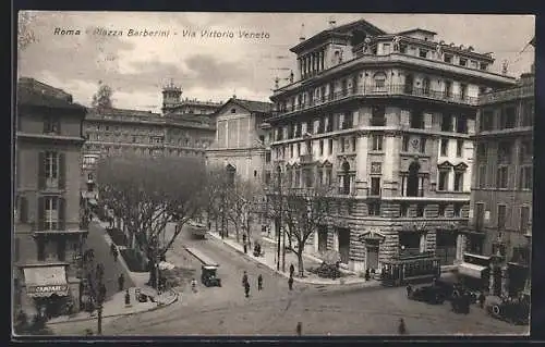 AK Roma, Piazza Barberini, Via Vittorio Veneto, Strassenbahn