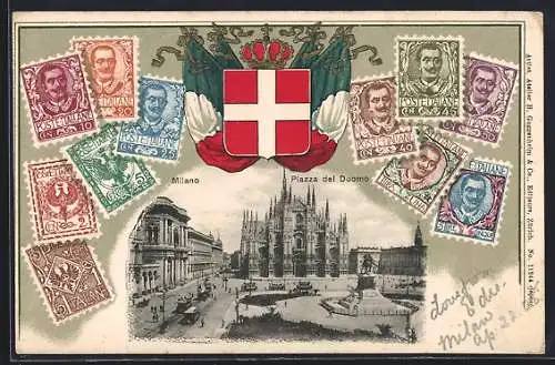 Präge-AK Milano, Piazza del Duomo, Briefmarken, Wappen