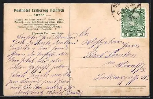AK Bozen, Posthotel Erzherzog Heinrich mit Strassenbahn
