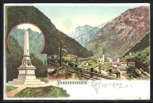 Lithographie Franzensfeste, Ortsansicht mit Krieger-Denkmal in der Sachsenklemme