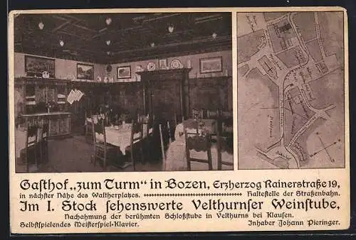 AK Bozen, Gasthof zum Turm mit Velthurner Weinstube, Erzherzog Rainerstrasse 19