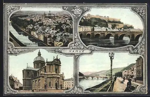 AK Namur, Panorama, La Cathédrale, Le Pont de Jambres, Promenade de la Meuse