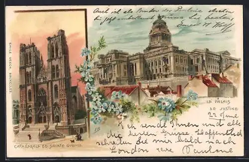 Lithographie Brüssel / Bruxelles, Le Palais de Justice, Cathédrale de Sainte Gudule