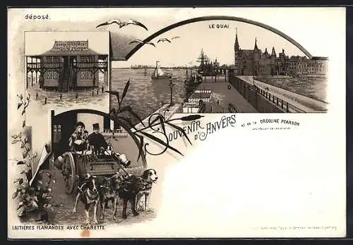 Lithographie Anvers, Le Quai, Laitiéres Flamandes avec Charette