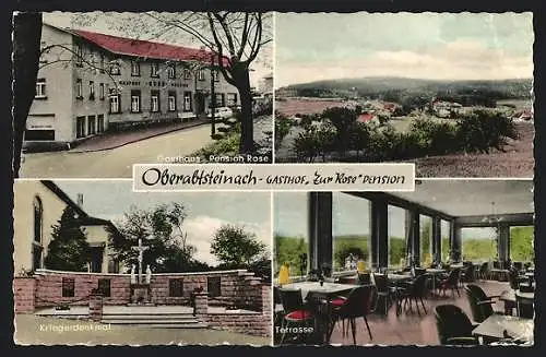 AK Abtsteinach, Gasthof Zur Rose, Kriegerdenkmal, Terrasse, Ortsansicht