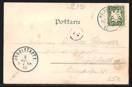 Lithographie Wolfratshausen, Totalansicht vom anderen Flussufer