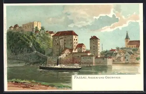 Lithographie Passau, Blick auf Nieder- und Oberhaus, Dampfer auf der Donau