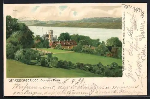 Lithographie Berg / Starnberger See, Blick zum Schloss Berg