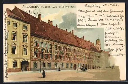 Lithographie Augsburg, Ansicht vom Fuggerhaus und 3 Mohren