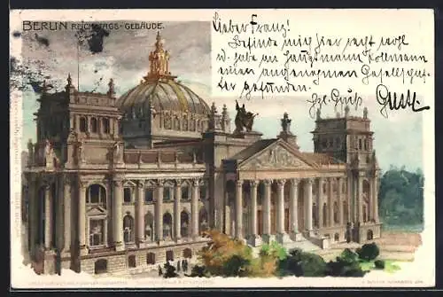 Lithographie Berlin-Tiergarten, Fassade des Reichstagsgebäudes