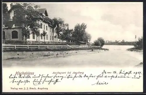 AK Augsburg, Gasthaus Hochablass vom Wasser aus