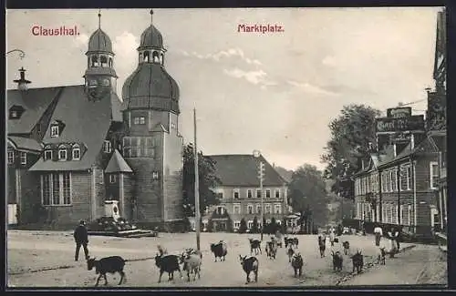 AK Clausthal, Marktplatz mit Kirche, Denkmal u. Ziegenherde