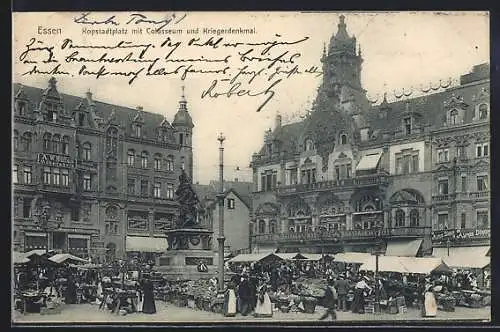 AK Essen, Kopstadtplatz mit Colosseum und Kriegerdenkmal, Marktbetrieb