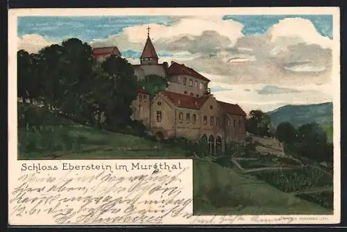 Lithographie Eberstein / Murgtal, Blick auf Schloss Eberstein