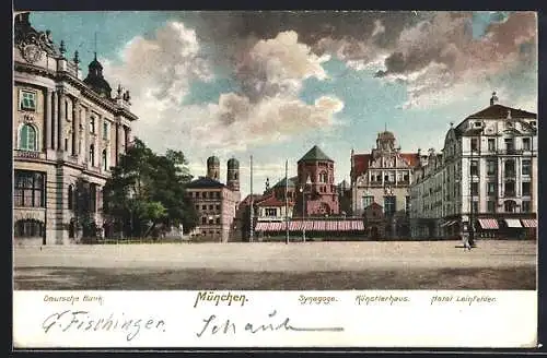 AK München, Deutsche Bank, Synagoge, Künstlerhaus, Hotel Leinfelder